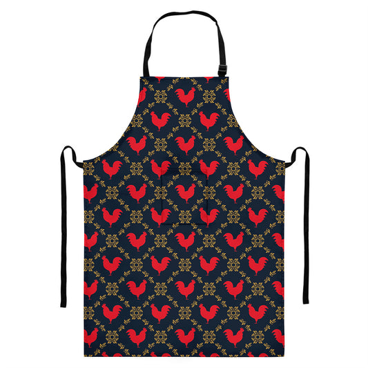 Red Rooster Pattern Print Bib Apron With Pocket