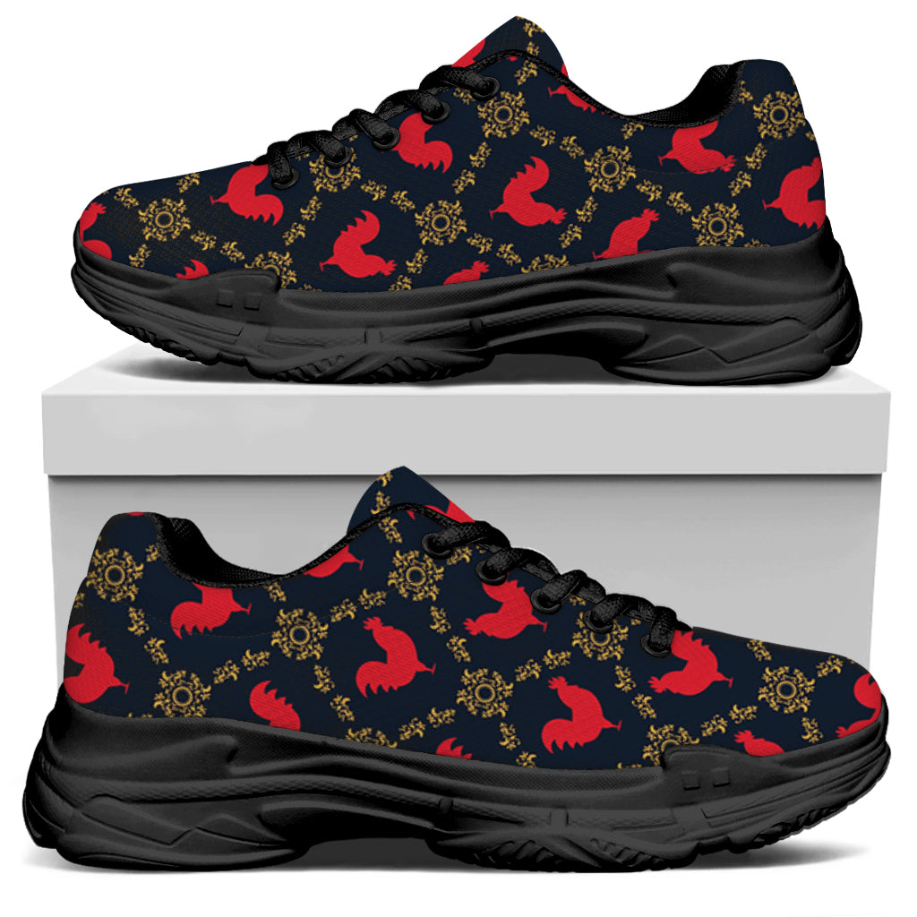 Red Rooster Pattern Print Black Chunky Shoes