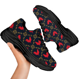 Red Rooster Pattern Print Black Chunky Shoes