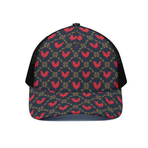 Red Rooster Pattern Print Black Mesh Trucker Cap