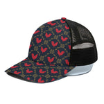 Red Rooster Pattern Print Black Mesh Trucker Cap