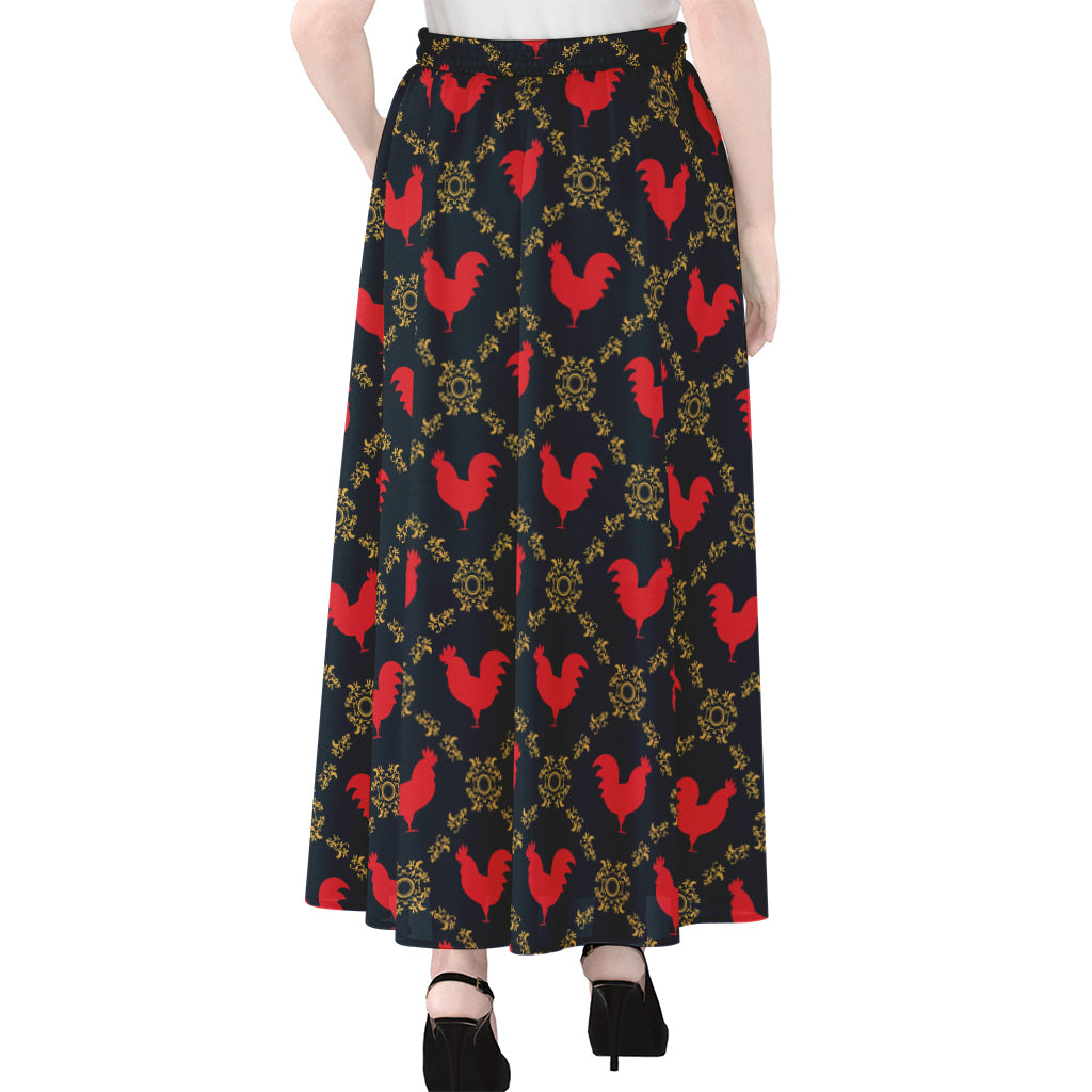 Red Rooster Pattern Print Chiffon Maxi Skirt