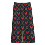 Red Rooster Pattern Print Cotton Front Slit Maxi Skirt