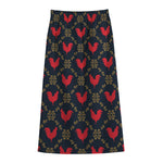 Red Rooster Pattern Print Cotton Front Slit Maxi Skirt