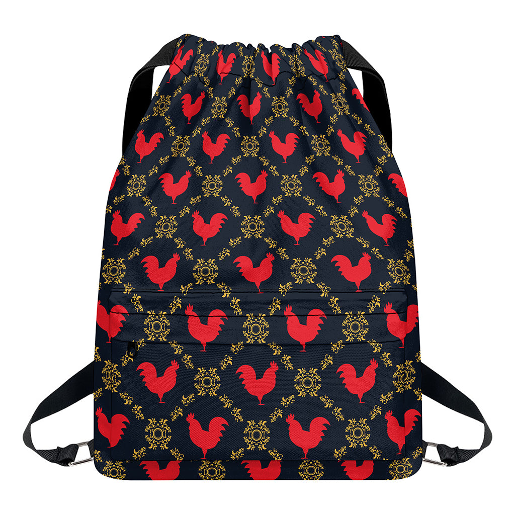 Red Rooster Pattern Print Drawstring Backpack