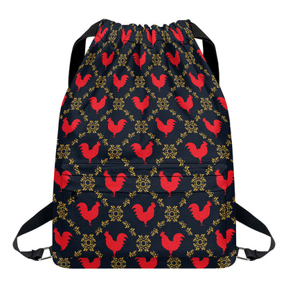 Red Rooster Pattern Print Drawstring Backpack