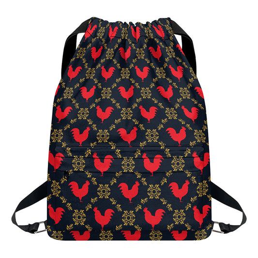 Red Rooster Pattern Print Drawstring Backpack