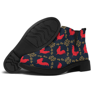 Red Rooster Pattern Print Flat Ankle Boots