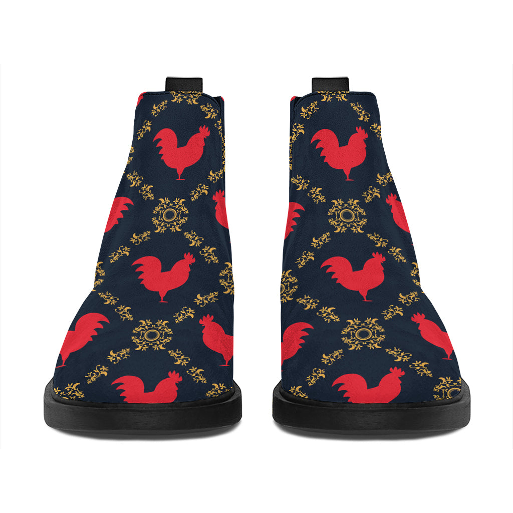 Red Rooster Pattern Print Flat Ankle Boots