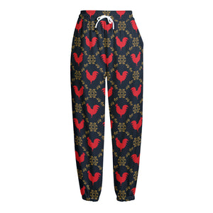 Red Rooster Pattern Print Fleece Lined Knit Pants