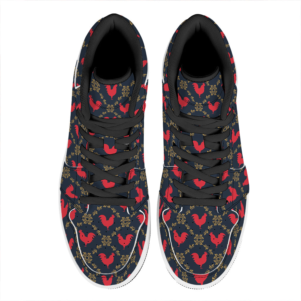 Red Rooster Pattern Print High Top Leather Sneakers