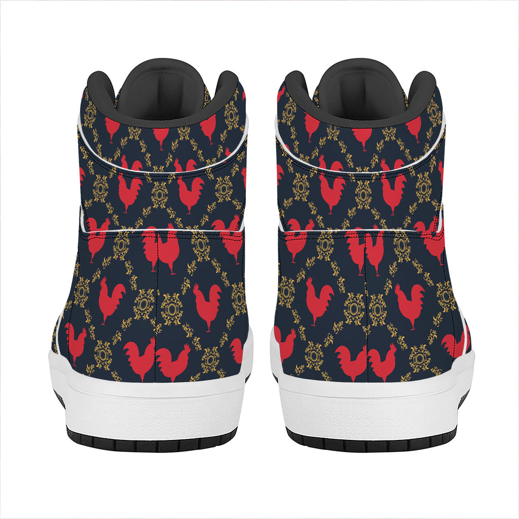 Red Rooster Pattern Print High Top Leather Sneakers