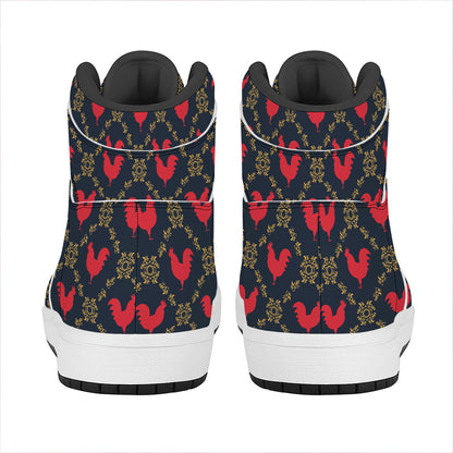 Red Rooster Pattern Print High Top Leather Sneakers