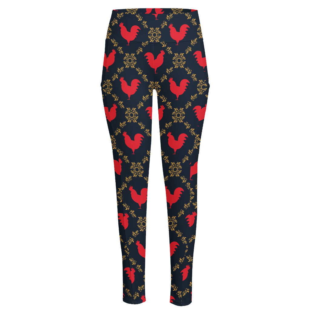 Red Rooster Pattern Print High-Waisted Pocket Leggings