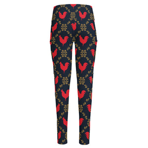 Red Rooster Pattern Print High-Waisted Pocket Leggings