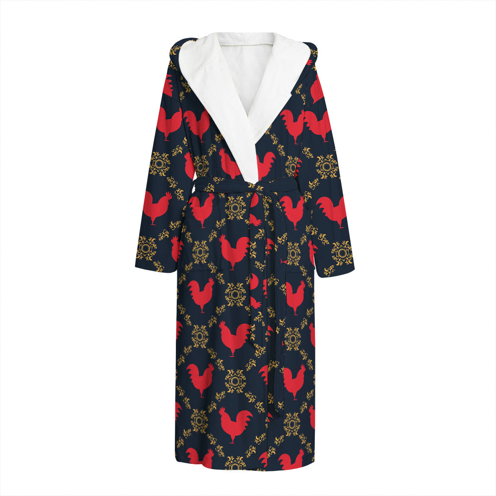 Red Rooster Pattern Print Hooded Bathrobe