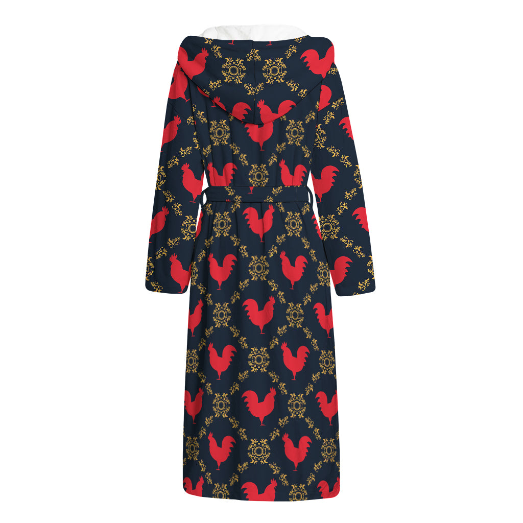 Red Rooster Pattern Print Hooded Bathrobe