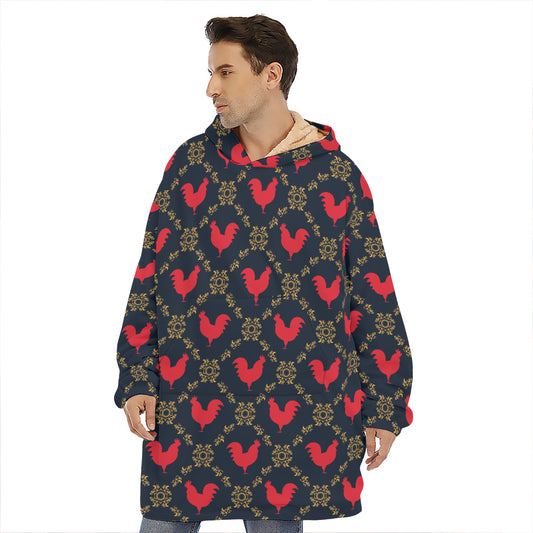 Red Rooster Pattern Print Hoodie Blanket