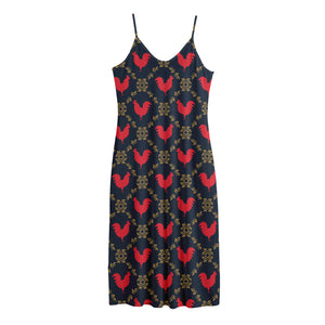 Red Rooster Pattern Print Jersey Midi Cami Dress