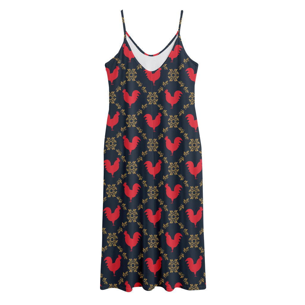 Red Rooster Pattern Print Jersey Midi Cami Dress