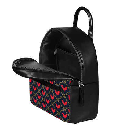 Red Rooster Pattern Print Leather Backpack