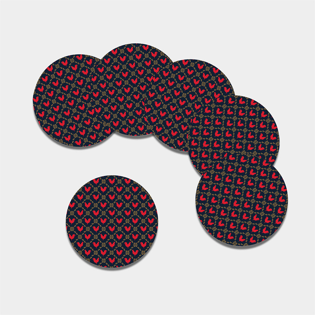 Red Rooster Pattern Print Leather Coaster Set