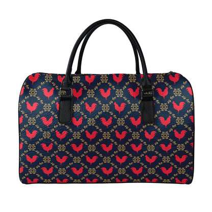 Red Rooster Pattern Print Leather Duffle Bag