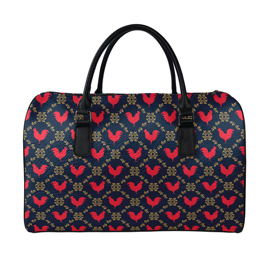 Red Rooster Pattern Print Leather Duffle Bag
