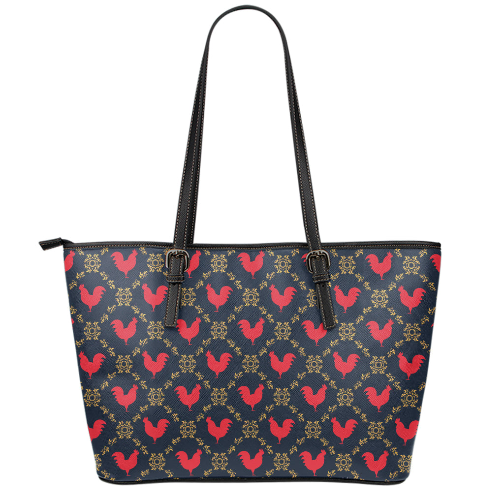 Red Rooster Pattern Print Leather Tote Bag