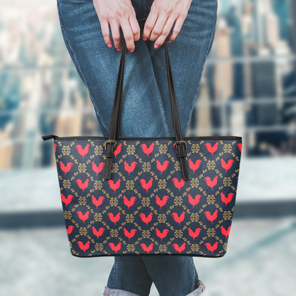 Red Rooster Pattern Print Leather Tote Bag