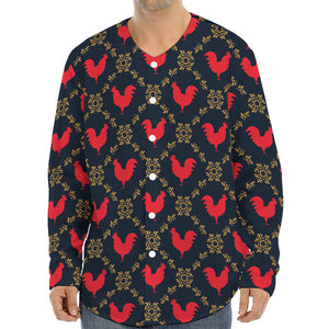 Red Rooster Pattern Print Long Sleeve Baseball Jersey