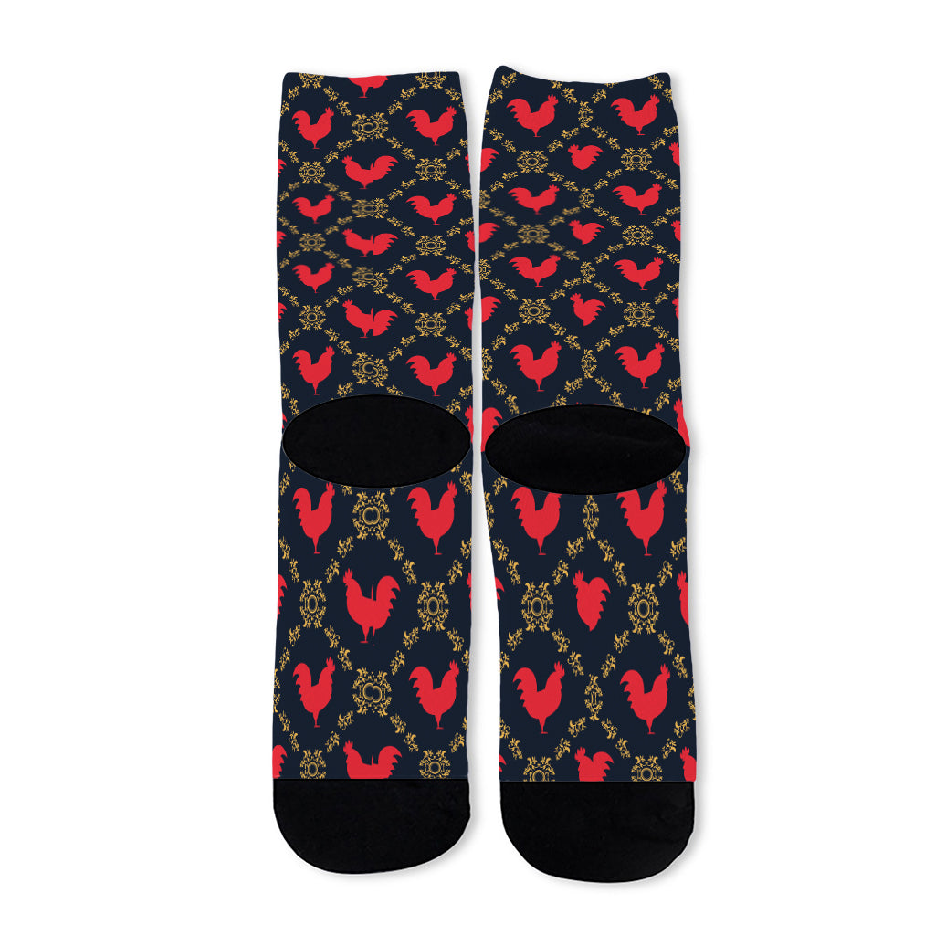 Red Rooster Pattern Print Long Socks