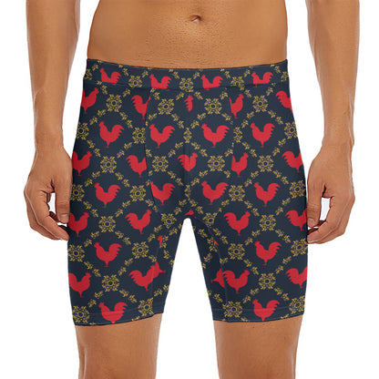 Red Rooster Pattern Print Men's Long Boxer Briefs
