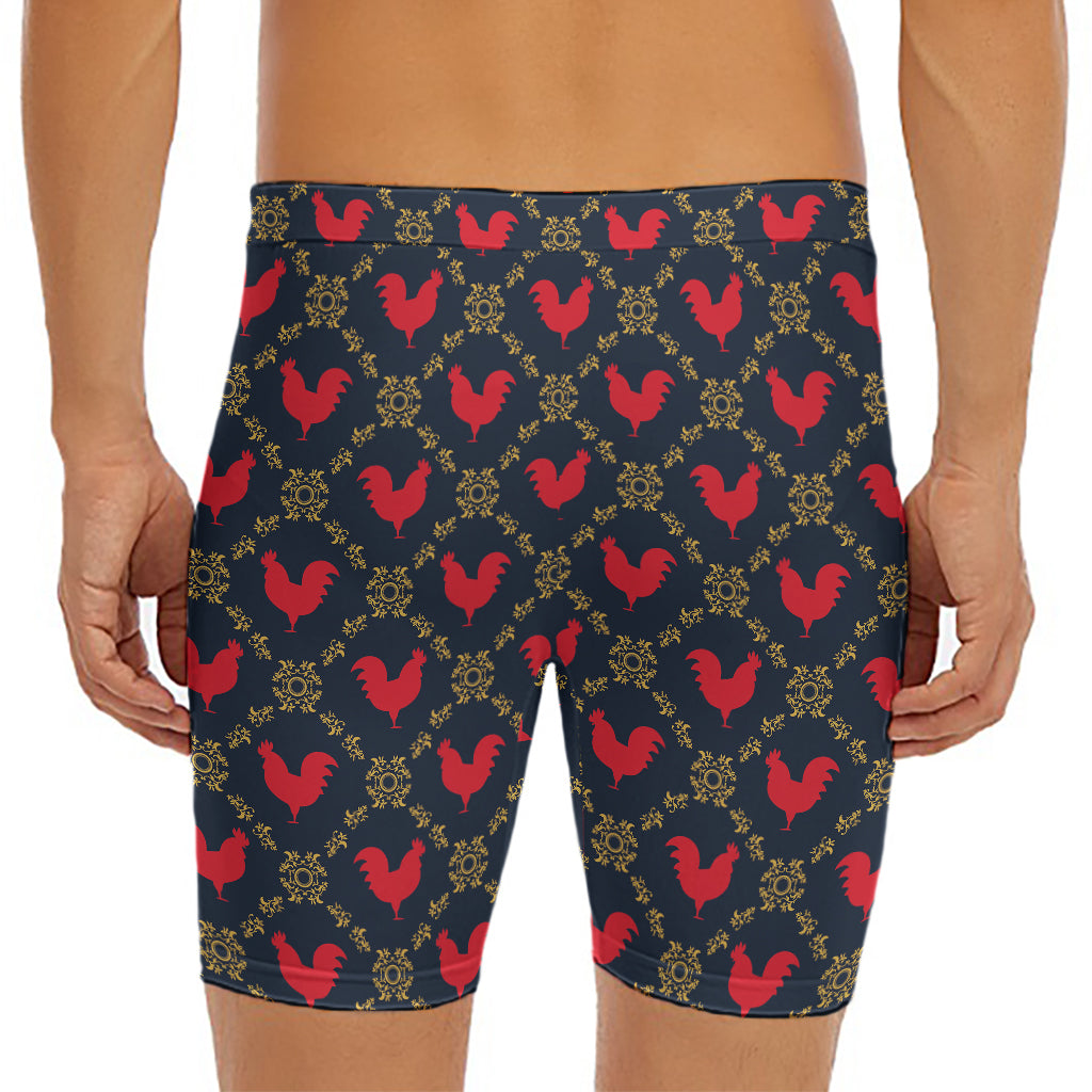 Red Rooster Pattern Print Men's Long Boxer Briefs