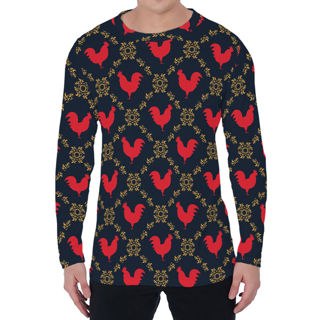 Red Rooster Pattern Print Men's Long Sleeve T-Shirt