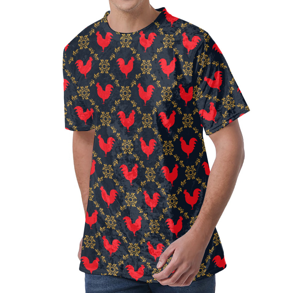 Red Rooster Pattern Print Men's Velvet T-Shirt