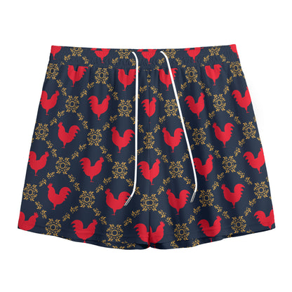 Red Rooster Pattern Print Mesh Shorts