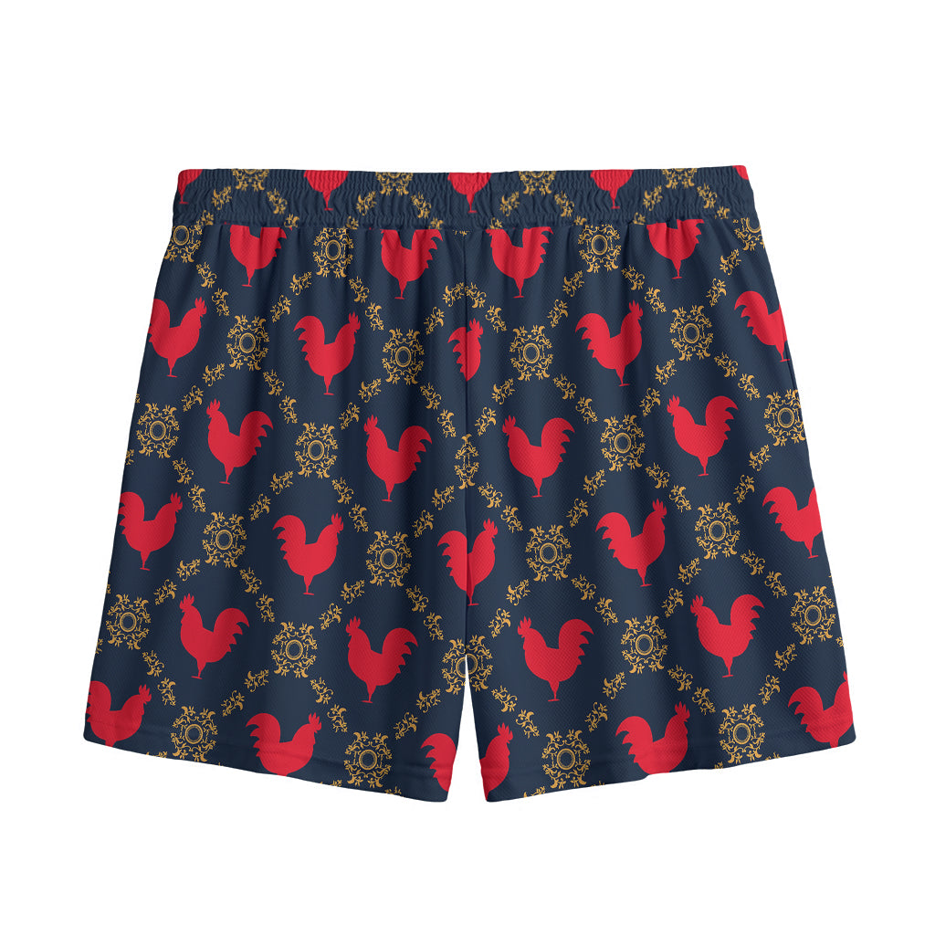 Red Rooster Pattern Print Mesh Shorts