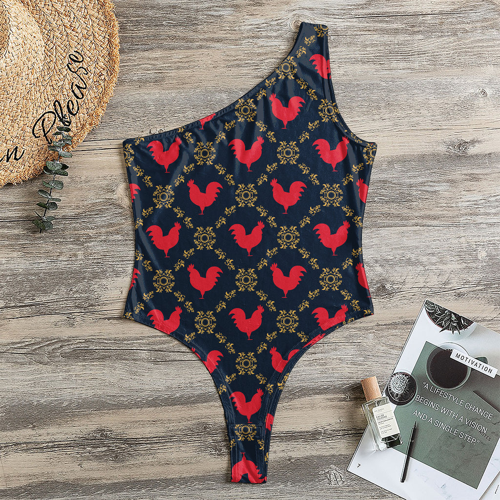 Red Rooster Pattern Print One Shoulder Bodysuit