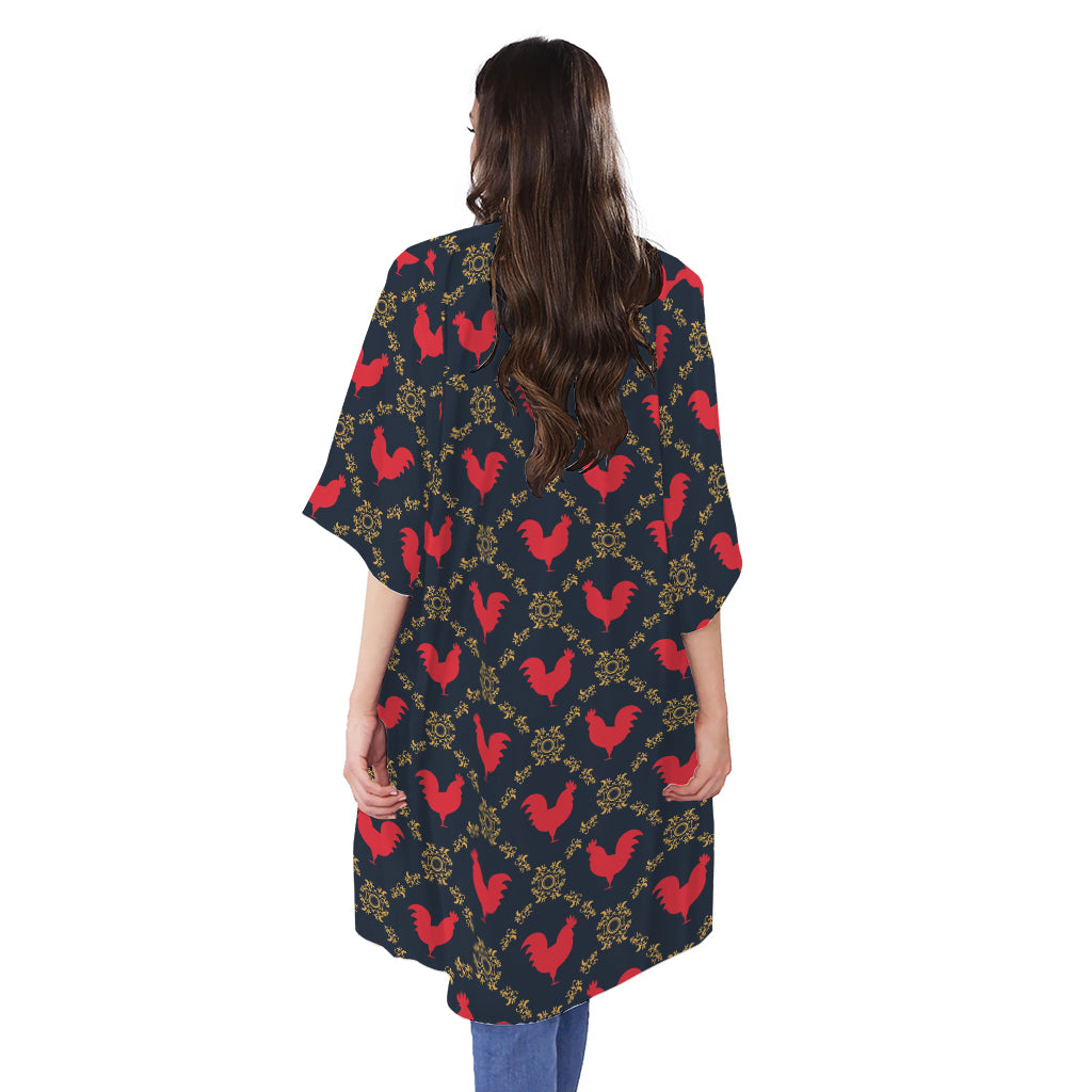 Red Rooster Pattern Print Open Front Beach Cover Up