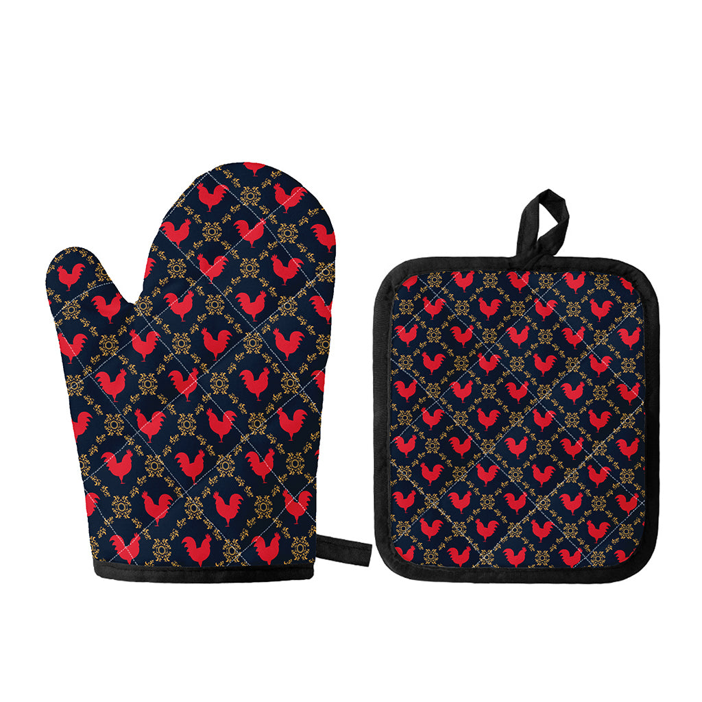 Red Rooster Pattern Print Oven Mitt And Pot Holder Set