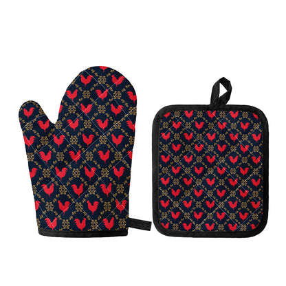 Red Rooster Pattern Print Oven Mitt And Pot Holder Set