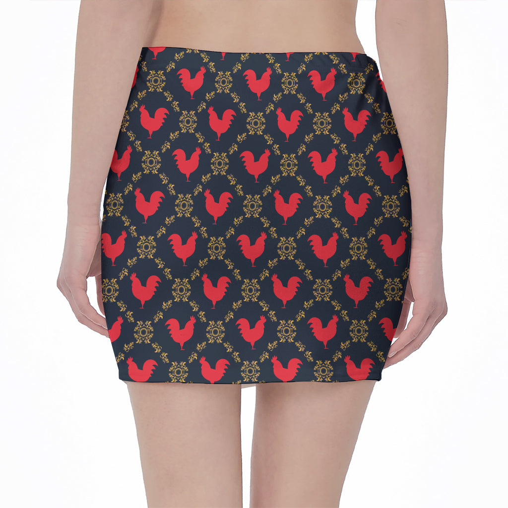 Red Rooster Pattern Print Pencil Mini Skirt