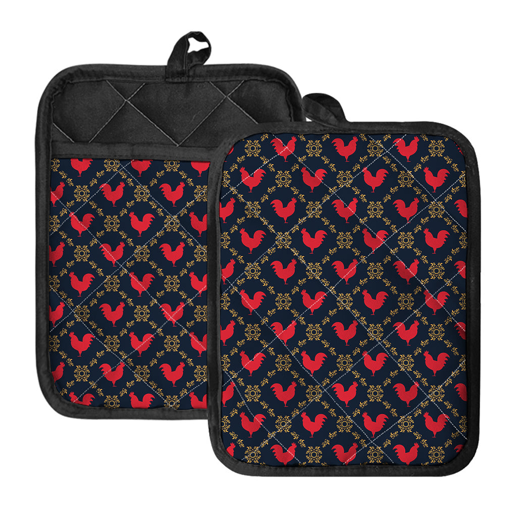 Red Rooster Pattern Print Pot Holders With Pocket