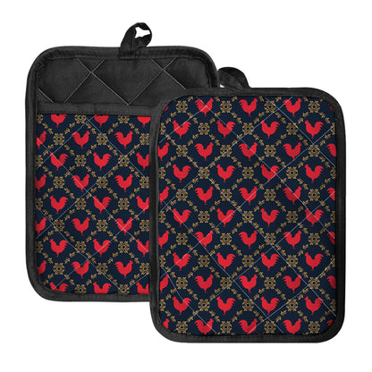 Red Rooster Pattern Print Pot Holders With Pocket