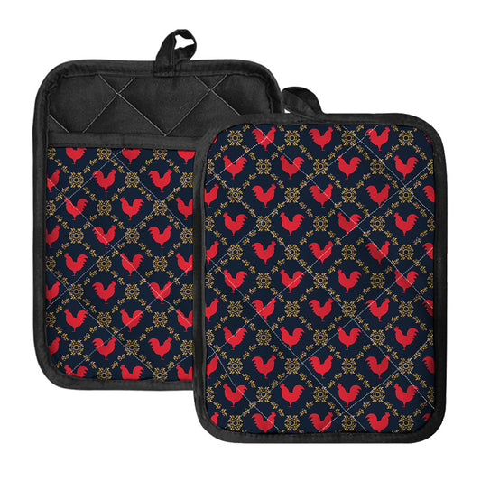 Red Rooster Pattern Print Pot Holders With Pocket