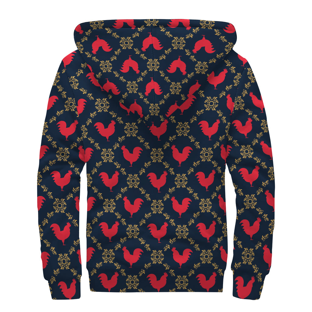 Red Rooster Pattern Print Sherpa Lined Zip Up Hoodie