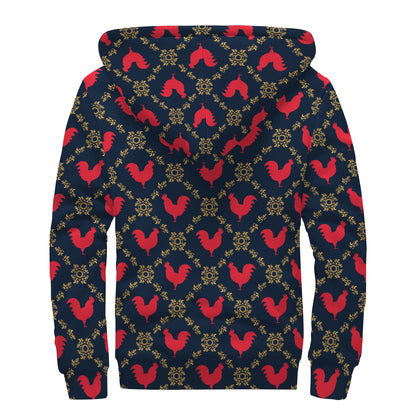 Red Rooster Pattern Print Sherpa Lined Zip Up Hoodie