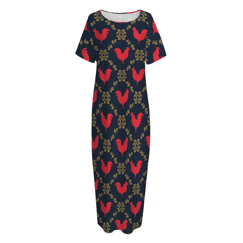 Red Rooster Pattern Print Short Sleeve Long Nightdress