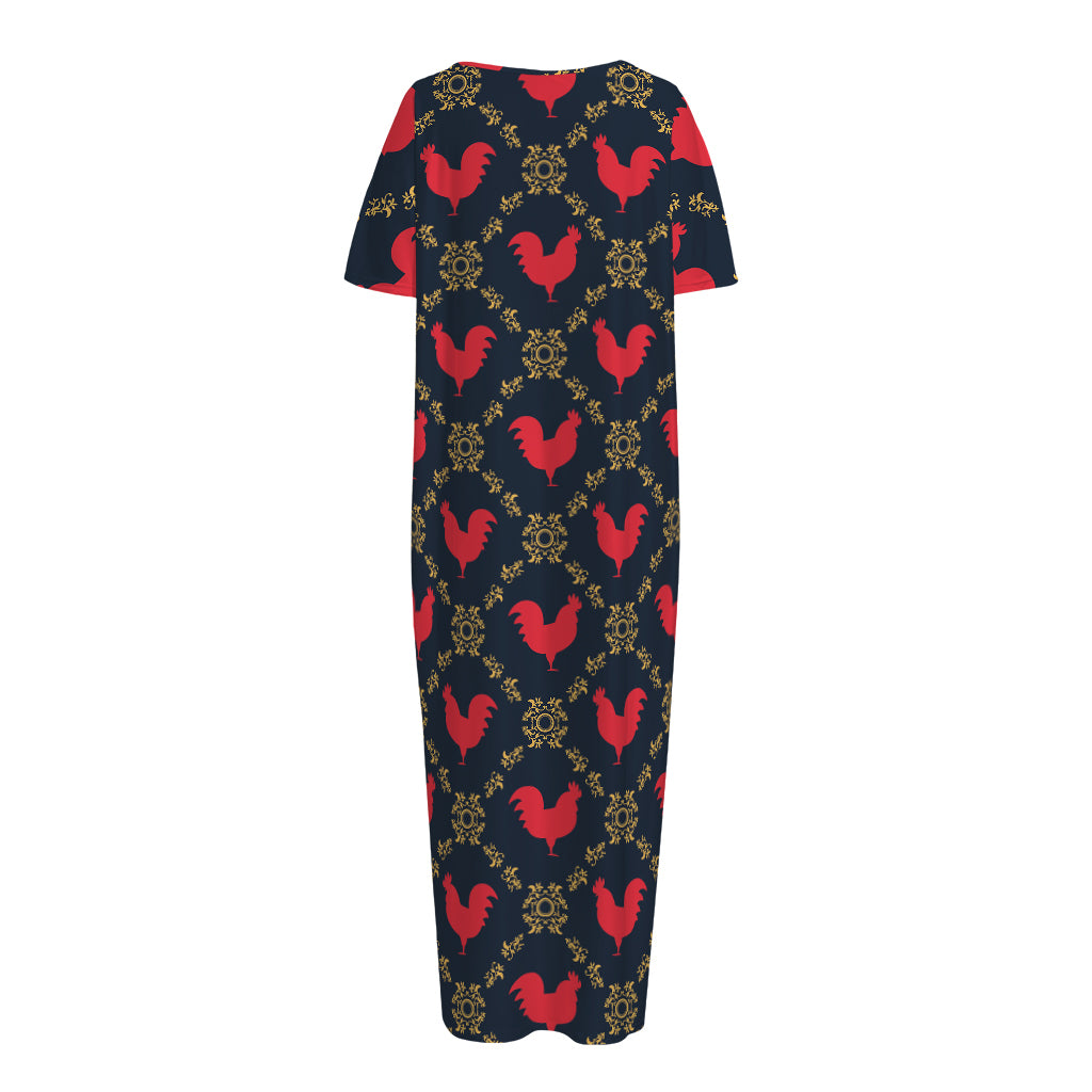 Red Rooster Pattern Print Short Sleeve Long Nightdress